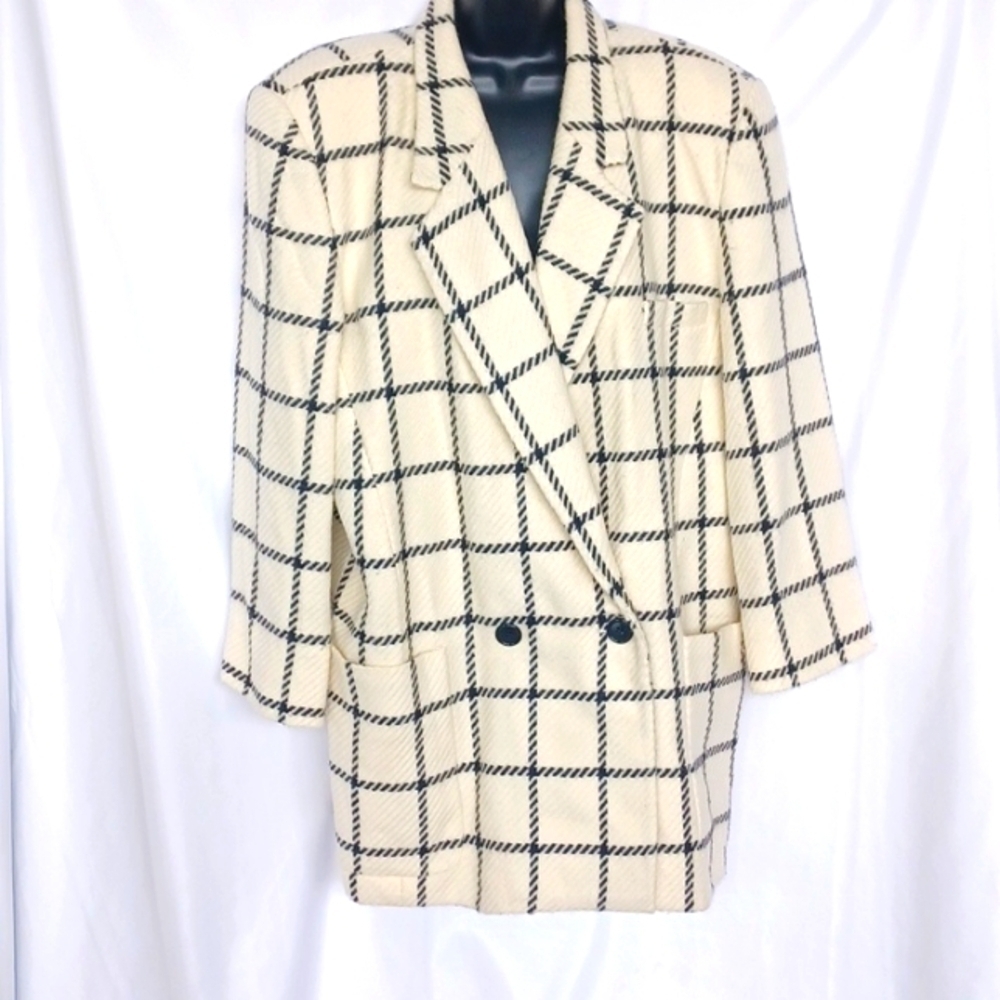 Linda Allard Ellen Tracy Wool-Cashmere Vtg Peacoat, Cream/black, Shoulder Pads